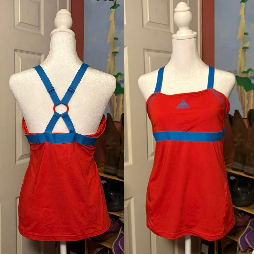 Adidas Barricade ClimaLite Red Blue Athletic Tank Top Sz Large Built in Bra Y2K